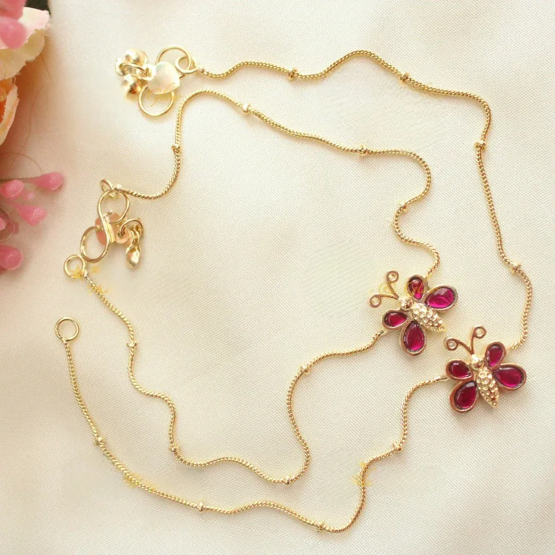 Gold Jadau Butterfly Stone Anklets